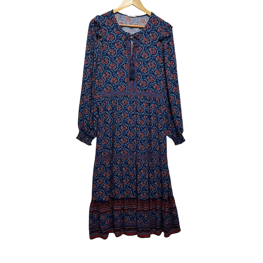 Springfield Womens Maxi Dress M Blue Floral Boho Peasant Tassel Tiered Prairie